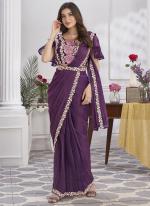 Shimmer Georgette Purple Party Wear Embroidery Work Ready To Wear Saree